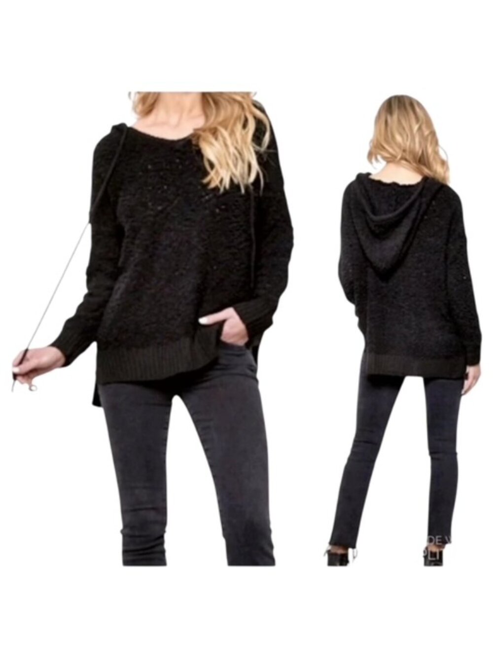 Young Fabulous & Broke Medium Large Black Popcorn Knit Cropped Sweater H…